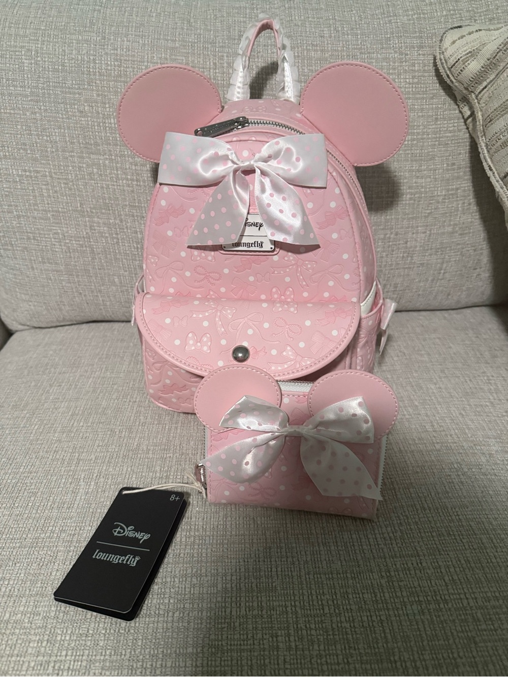 Loungefly Pink Minnie Ear Mini Backpack with Polka Dot Bow - Picture 2 of 5